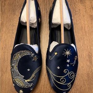 Embellished Navy Satin Women’s Loafers - Celestial Embroidery